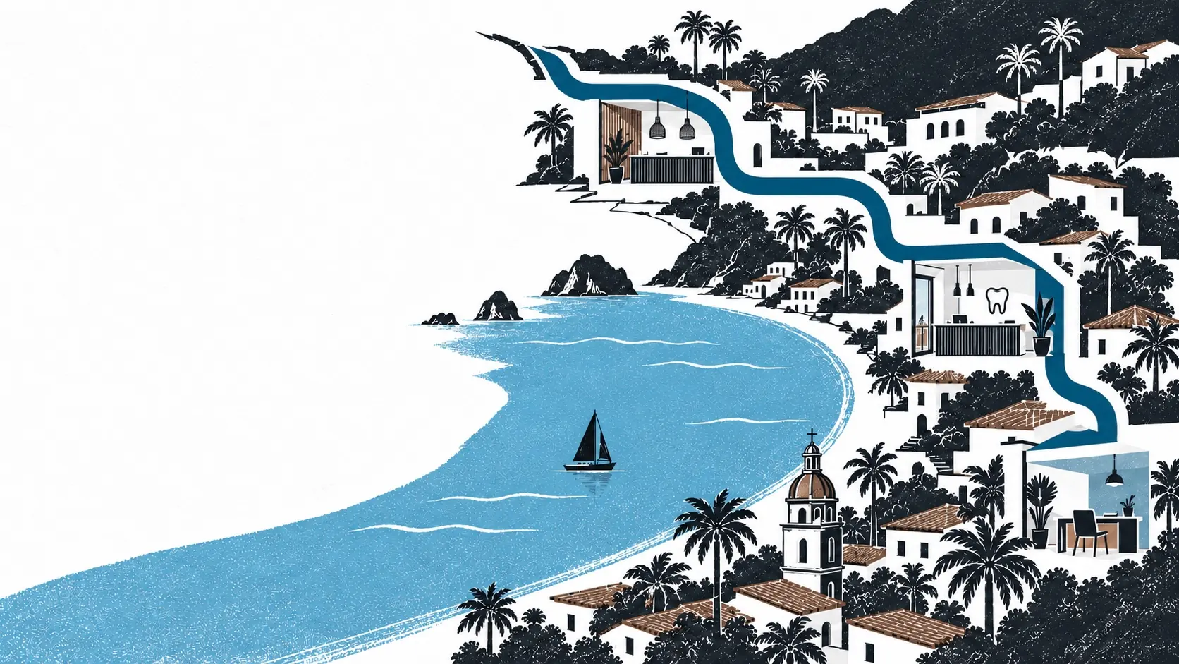 Ilustración editorial de Puerto Vallarta: bahía, palmeras y negocios conectados por una ruta azul